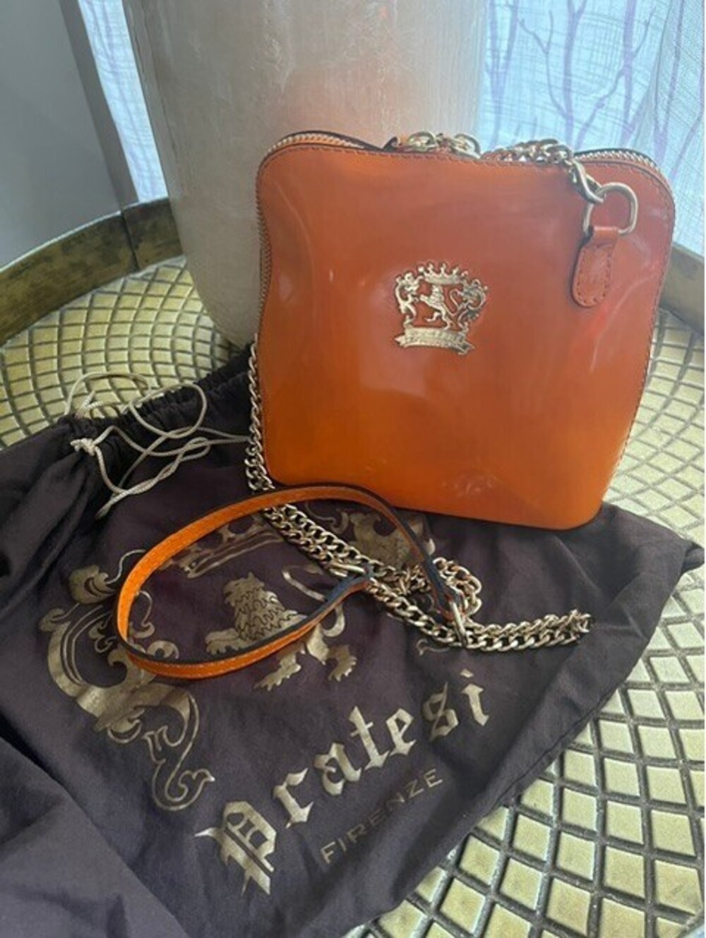 Pratesi Firenze Orange Patent Leather Crossbody Bag Gold Chain Crown Made Italy